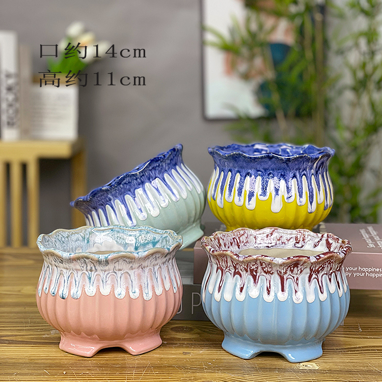 【直播专享】网红香炉大肚花盆陶瓷大口径绿植盆带脚多肉花盆a987