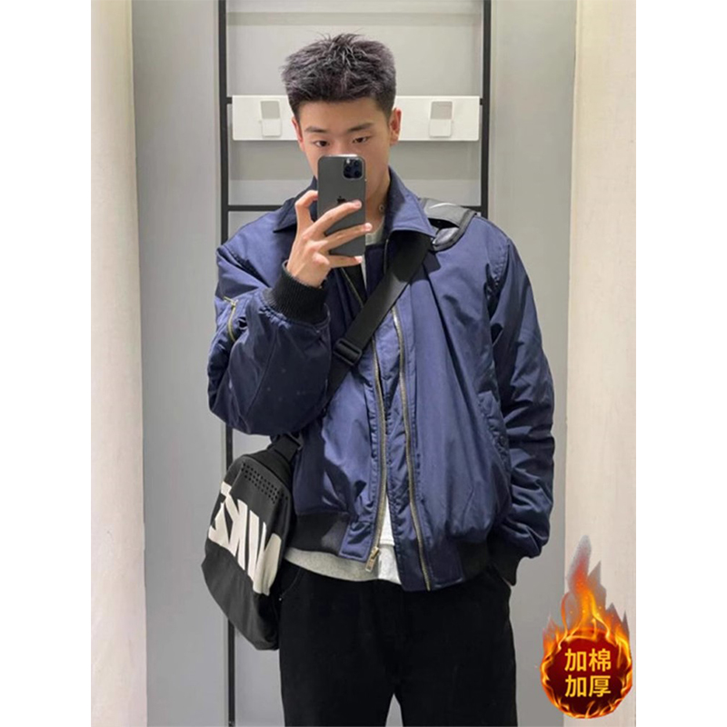 藏青色美式飞行员棉服外套男款冬季加厚cleanfit翻领短款棒球棉衣