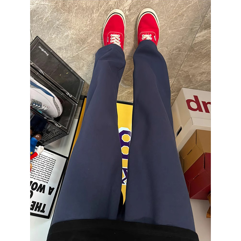 藏青色美式运动卫裤男潮牌秋冬加绒裤子直筒垂感cleanfit休闲长裤