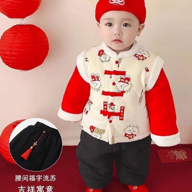 过年拜年服男宝宝周岁礼服婴儿新年衣服男童儿童冬季红色喜庆套装