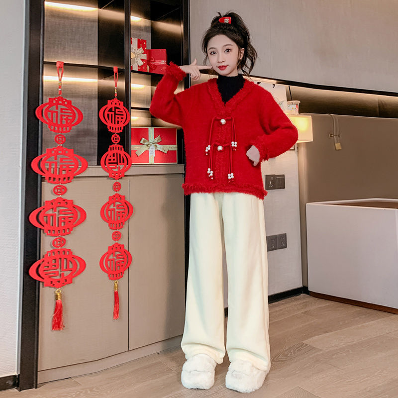 女童新年国风套装2023冬新款中大童加厚中式毛衣加绒阔腿裤两件套