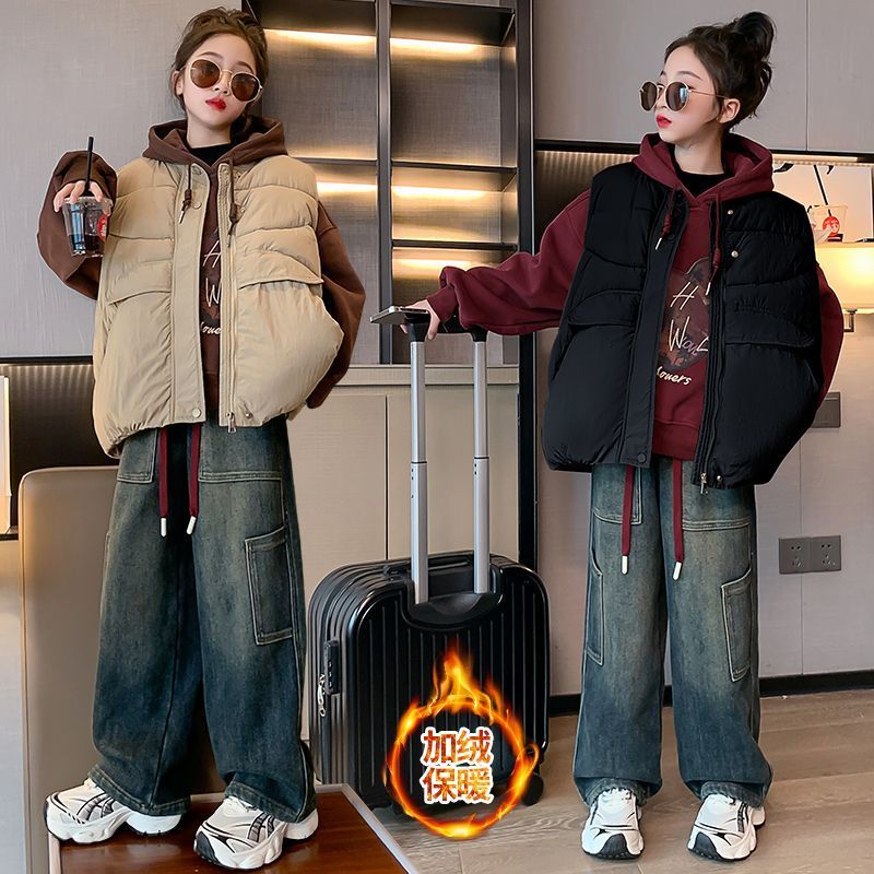 女童2023新款套装中大童冬季加绒卫衣儿童加厚冬装马甲套装洋气