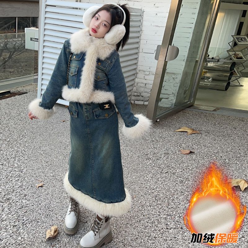 新年女童毛领牛仔衣套装裙冬季新款儿童半身裙子时髦加绒加厚显瘦