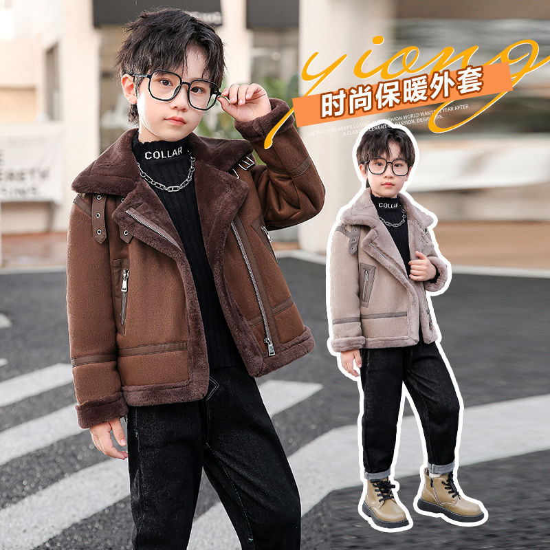 男女宝宝儿童套装外套冬季新款韩版2023加厚皮毛洋气皮衣男童