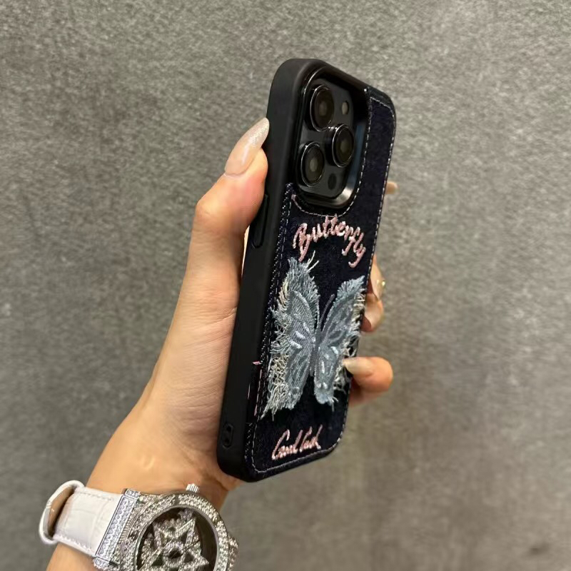 日韩ins牛仔刺绣蝴蝶适用苹果15/14promax手机壳iPhone13新12女11