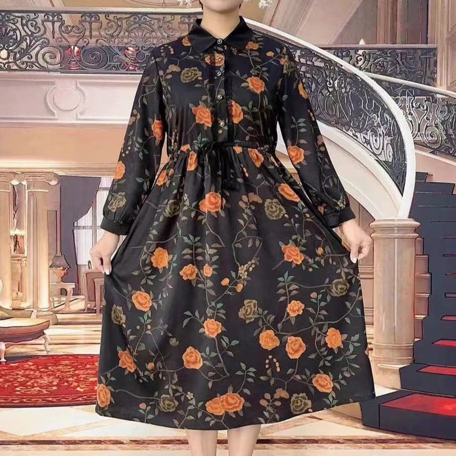 透气裙子妈妈装高贵新款黑天鹅妈妈装洋气收腰气质碎花