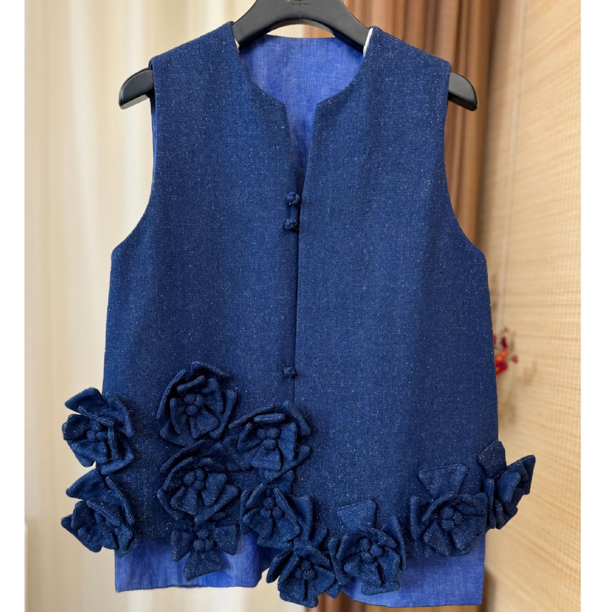  【以晴.高定】绝版窄幅老料柞蚕丝牛仔蓝色马甲设计师款
