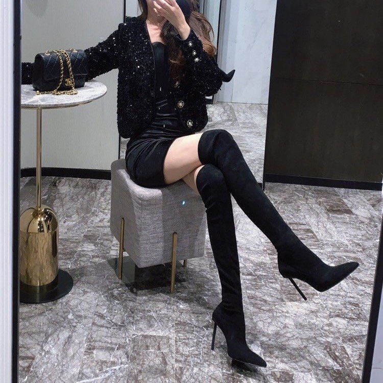 欧美过膝长靴女秋冬2023新款尖头高筒细跟高跟鞋棕色弹力瘦瘦靴子