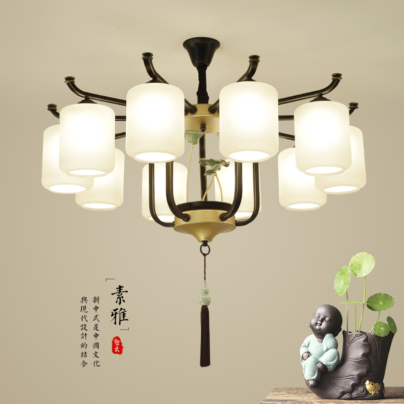 新中式简约大气玻璃莲花家用中国风禅意仿古酒店别墅古典餐厅吊灯