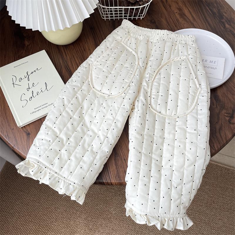 森系秋冬女童波点棉裤宝宝夹棉加厚花边直筒儿童夹棉裤子冬装套装