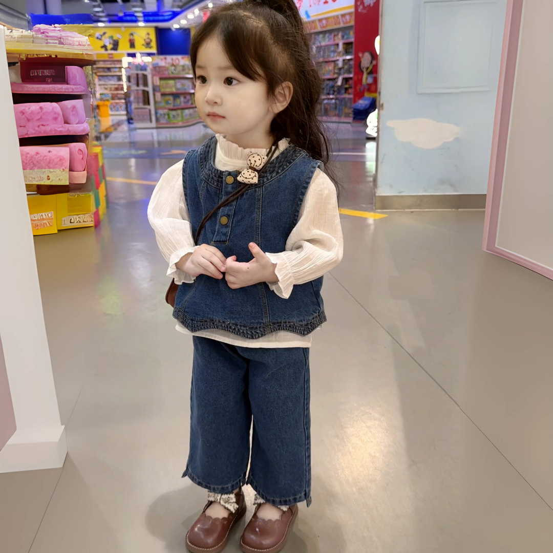 韩国童装女童牛仔套装2025春秋女宝宝洋气时髦宽松牛仔小童阔腿裤