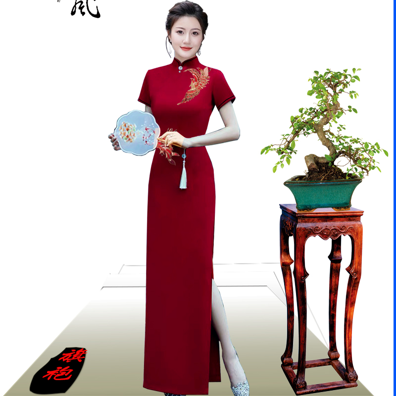 【吉凤】国风气质红色走秀优雅旗袍复古长款修身日常刺绣演出中老年