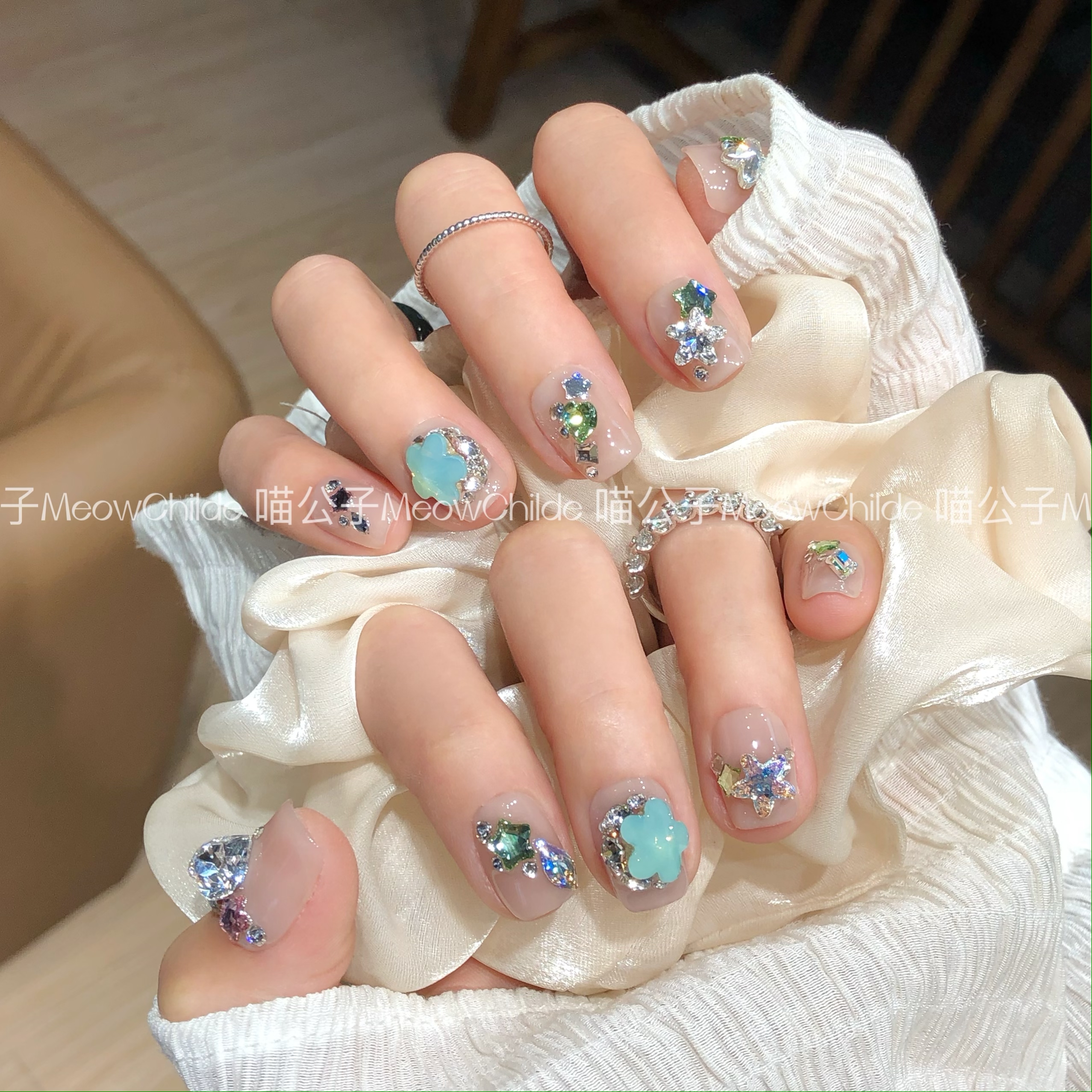 喵公子【薄荷星光】【施家全华钻】纯手工穿戴甲可拆卸美甲光疗甲