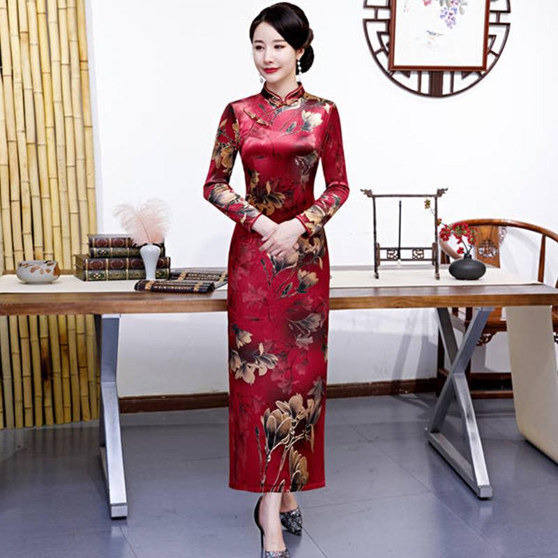 妈妈装金丝绒旗袍女秋冬加绒加厚长款修身改良走秀旗袍连衣裙