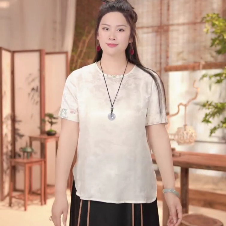 【初见】新中式复古桑蚕丝新款夏季百搭圆领半袖上衣国风气质提花