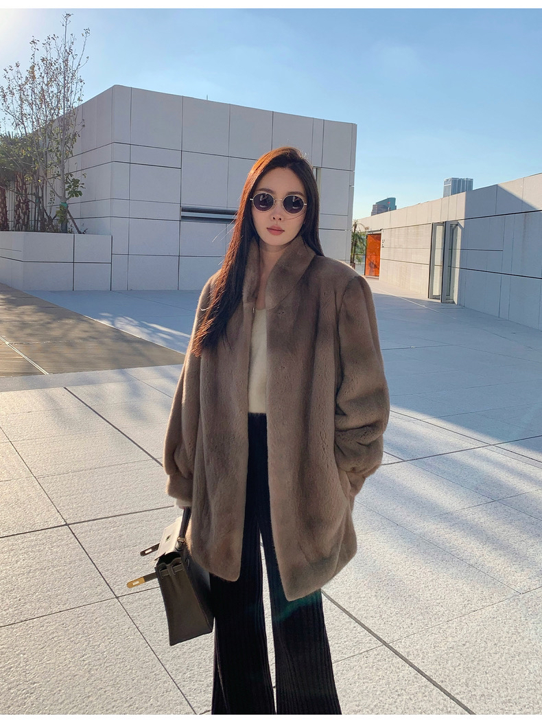 进口天鹅绒等级立领灯笼袖中长款冬季