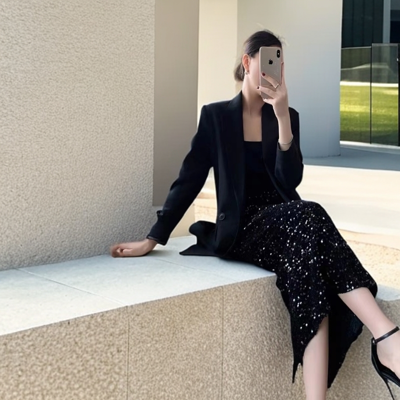半裙时尚（亮片）显瘦网红气质休闲洋气名媛春秋百搭可穿女神黑色