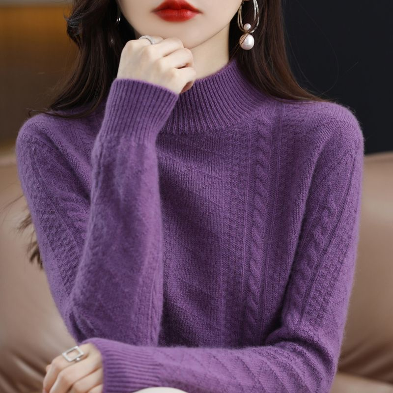 鄂家高端重磅加厚100羊毛女士半高领秋冬新款绞花显瘦