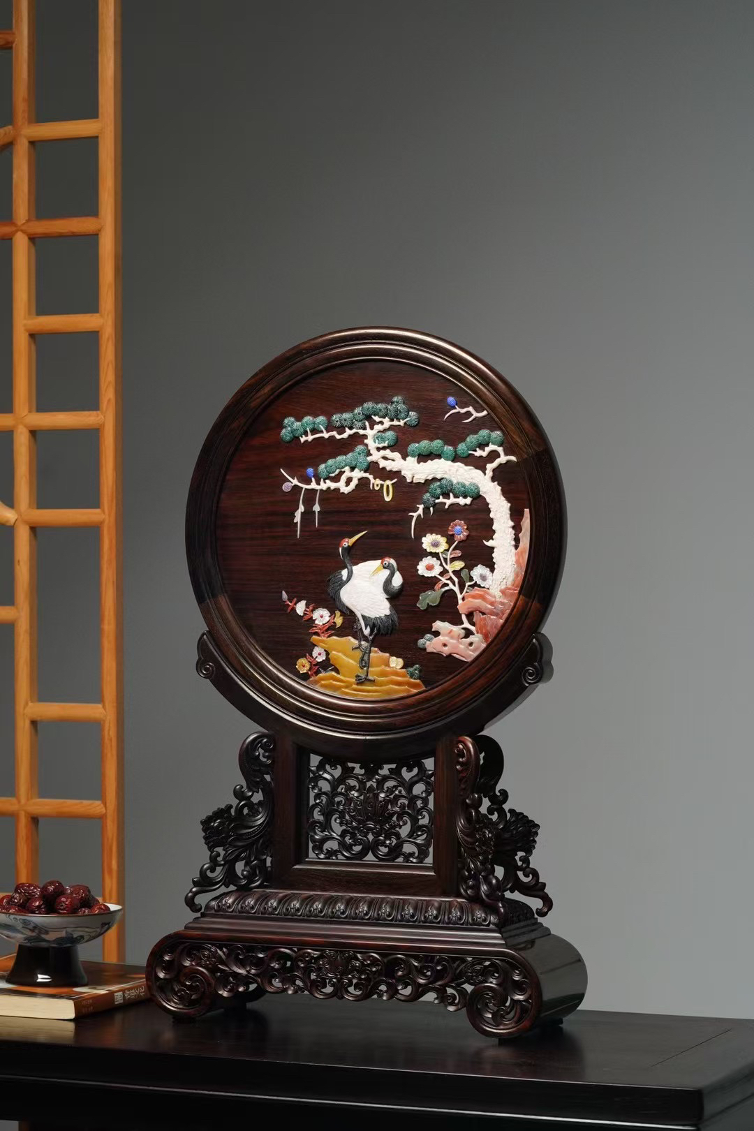 故宫同款奢侈百宝嵌圆屏松鹤延年西番莲雕刻重工玄关摆件