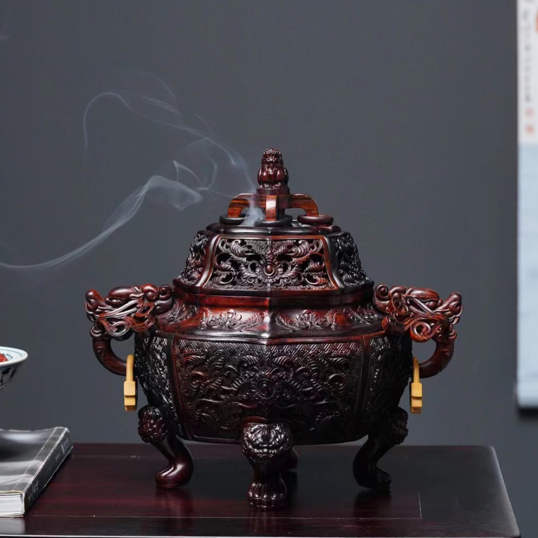 奢侈品故宫款老挝大红酸枝•龙耳海棠熏香炉
