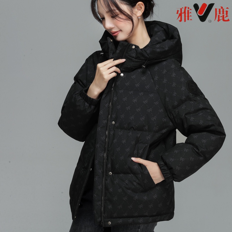 V/雅鹿YT501Z1871T新款连帽印花蝴蝶结90%白鸭绒羽绒服1
