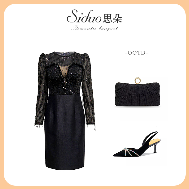 Y24244礼服女小众设计高级感蕾丝钉珠烫钻名媛气质晚宴年会连衣裙