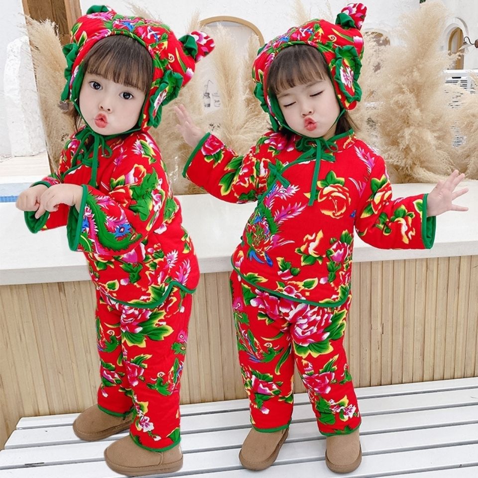 儿童加厚套装大花棉衣二件套宝宝棉袄拜年衣服男女童棉袄