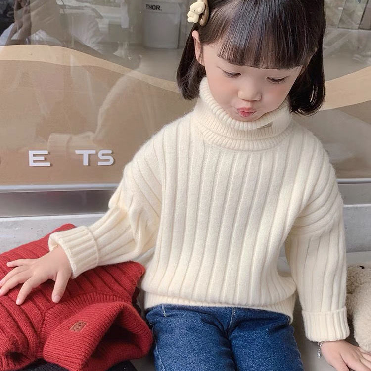 洋气宝宝打底毛衣儿童纯色上衣女童装高领针织衫翻领套头2023冬装
