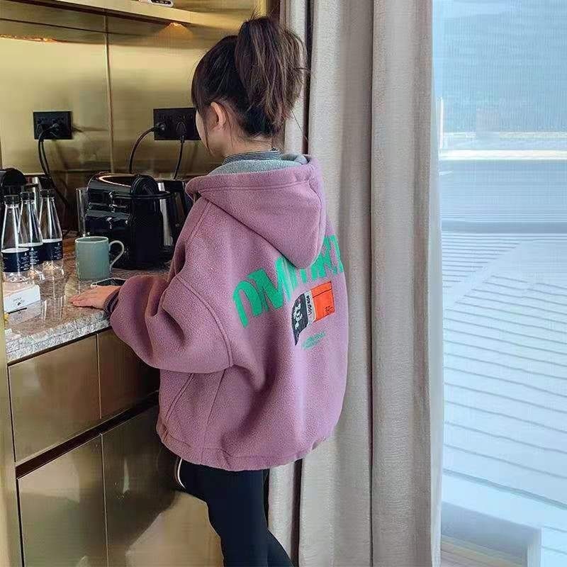 女童毛绒连帽韩版外套2023秋冬装中大童加厚摇粒绒拉链衫儿童保