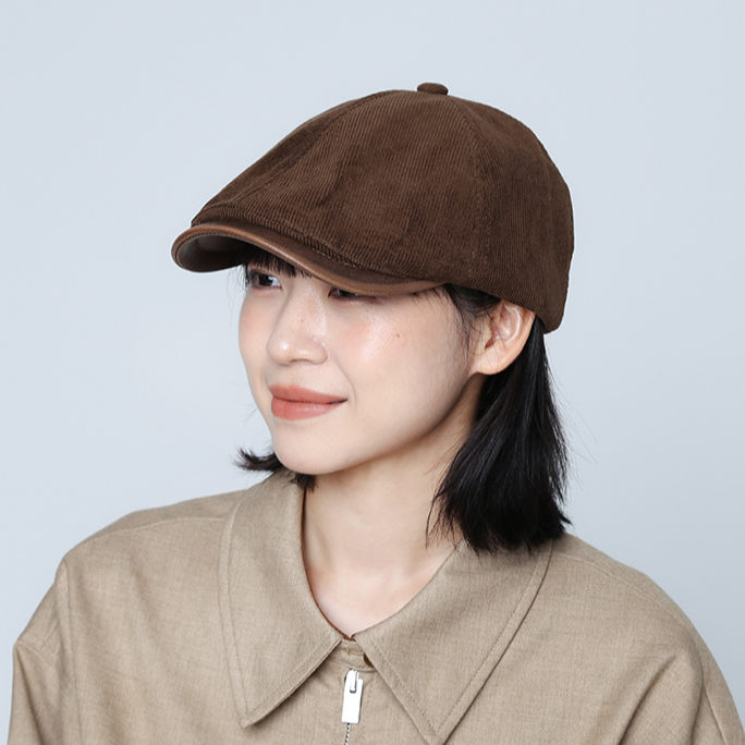 灯芯绒咖色鸭舌前进帽女2024秋冬新款复古画家帽大头围报童贝雷帽