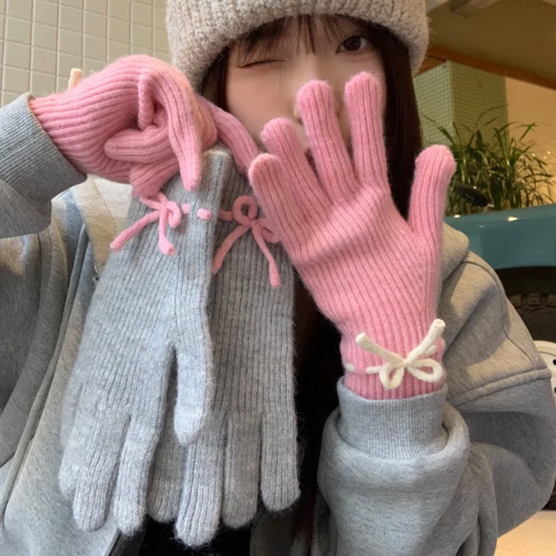 含羊毛手套女冬季可爱学生韩版蝴蝶结骑电车保暖露二指触屏手套潮