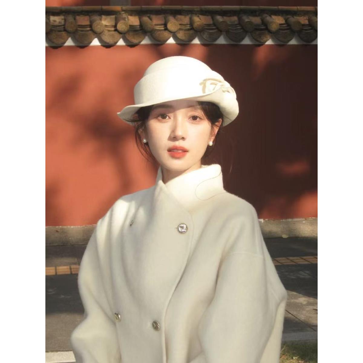 高克重~全澳毛翻檐礼帽子女2024新款千金赫本风秋冬季渔夫帽百搭