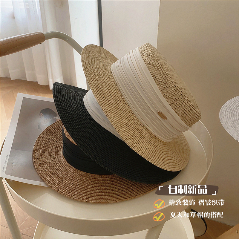 春夏季新款简约平顶草编礼帽女英伦复古防晒遮阳帽出游度假帽子潮