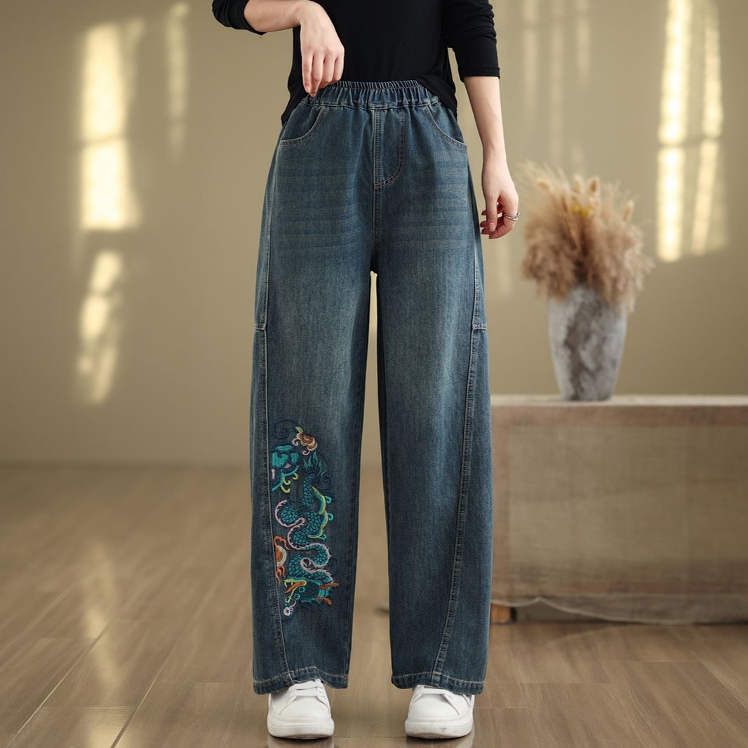 春秋季新款宽松刺绣拼接牛仔裤女款高腰显瘦大码松紧腰阔腿裤女