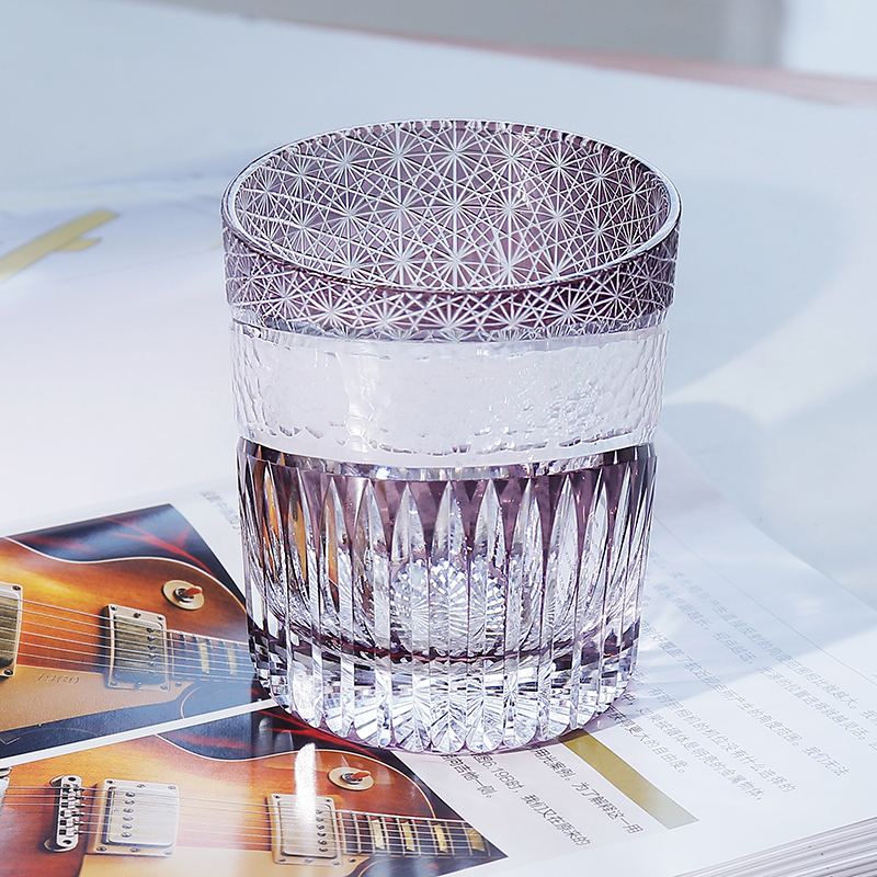 洛克曼舞日式江户切子威士忌杯紫色洋酒杯水晶家用酒杯创意果汁杯