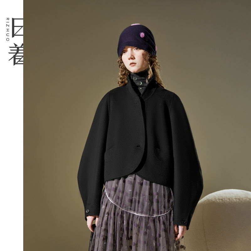 日着原创女装2025冬季新款黑色茧型羊毛双面毛呢短大衣RB8531D2
