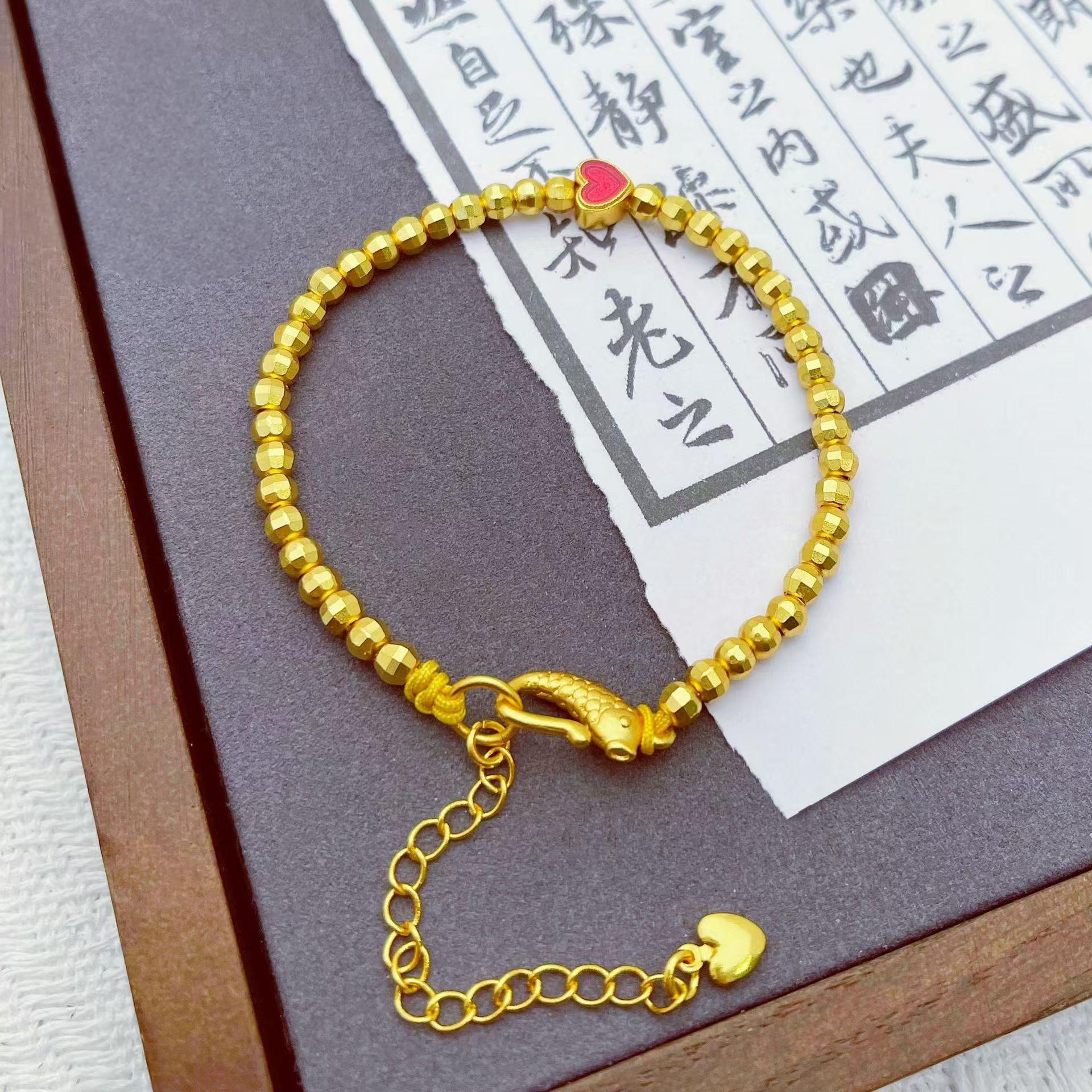 铜合金手链 爱心蹦迪珠手链古法女款传承时尚百搭铜质弹力素款