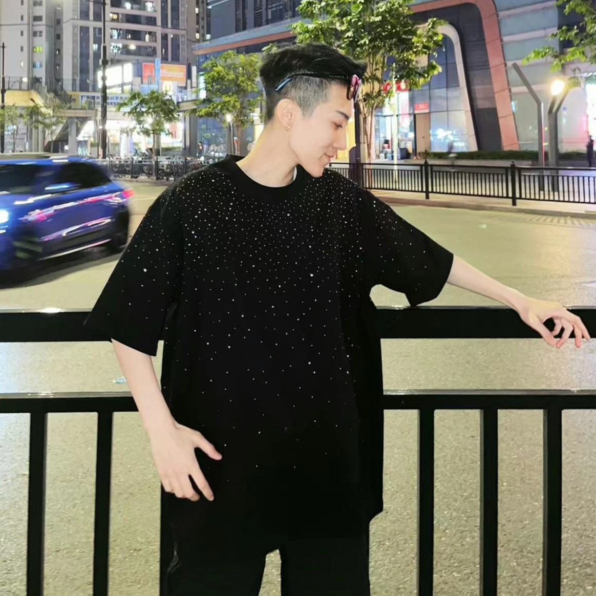 【达人专属】满天星烫钻圆领T恤高克重短袖潮流百搭宽松男女情侣款