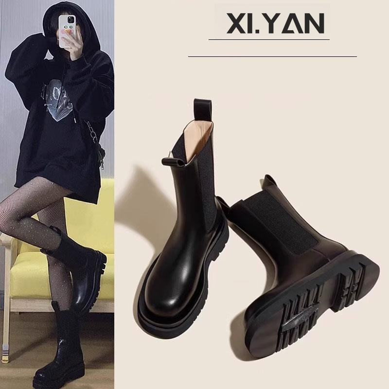达芙妮沿荐烟筒靴女厚底马丁靴2023新款春秋爆款单靴切尔西烟管靴
