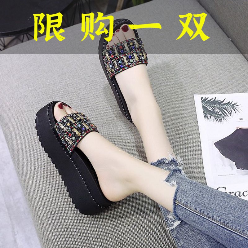 达芙妮沿荐小码34高跟厚底拖鞋女夏外穿2023年新款松糕小个子水钻