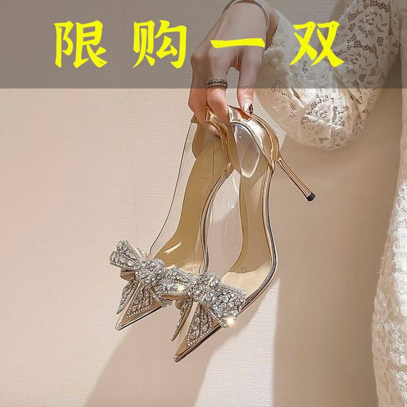 达芙妮沿荐2023夏季水晶透明高跟鞋女细跟尖头水钻蝴蝶结香槟色新