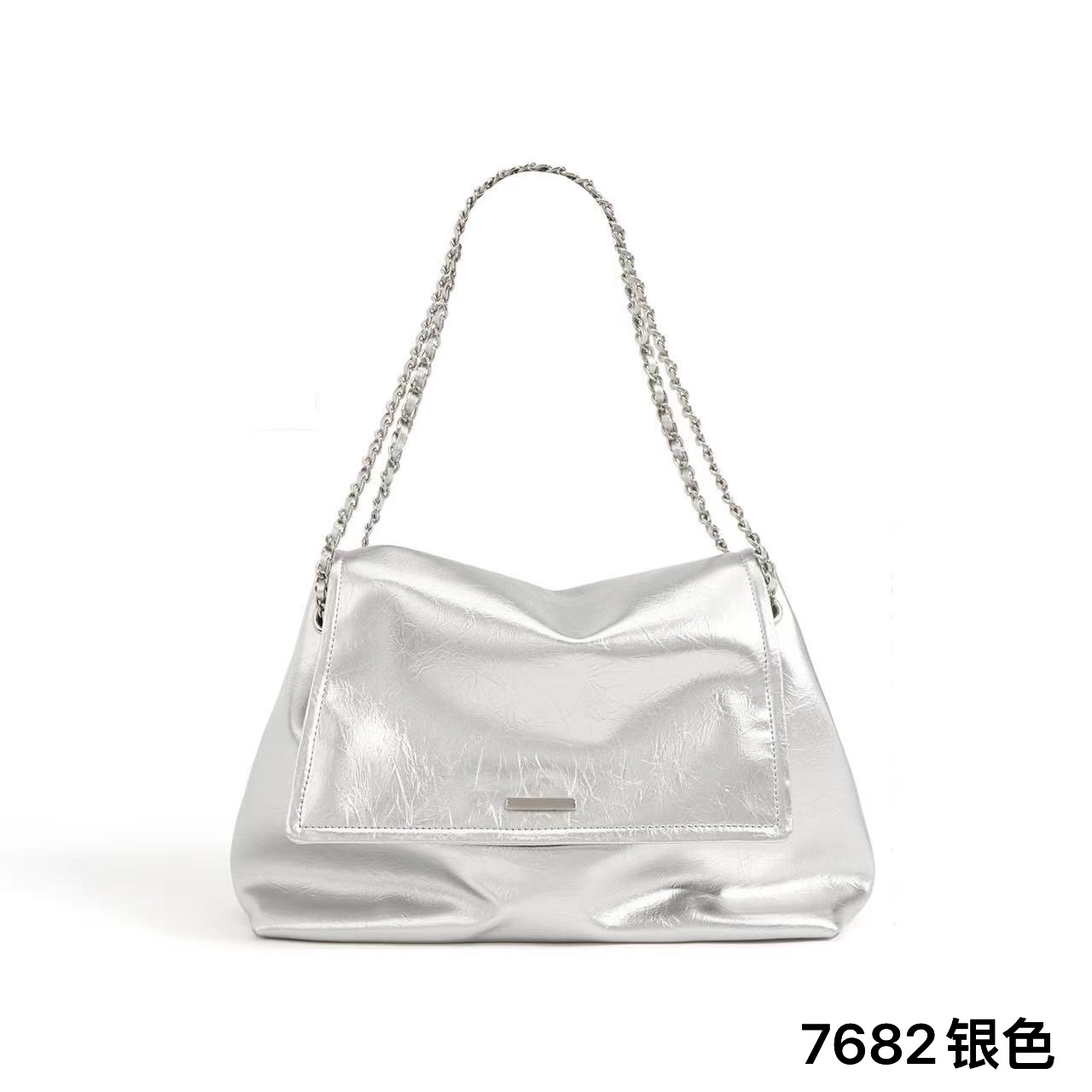 【CC甄选】7682-银色真皮手提包轻奢小众设计手提腋下包