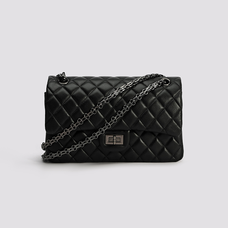 【CC甄选】010-羊皮黑色时尚小香风头层羊皮链条女包单肩斜挎女包