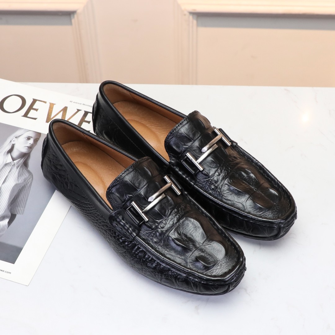 男士单鞋欧洲站新款春秋潮流一脚蹬真皮乐福鞋鳄鱼纹时尚休闲男鞋