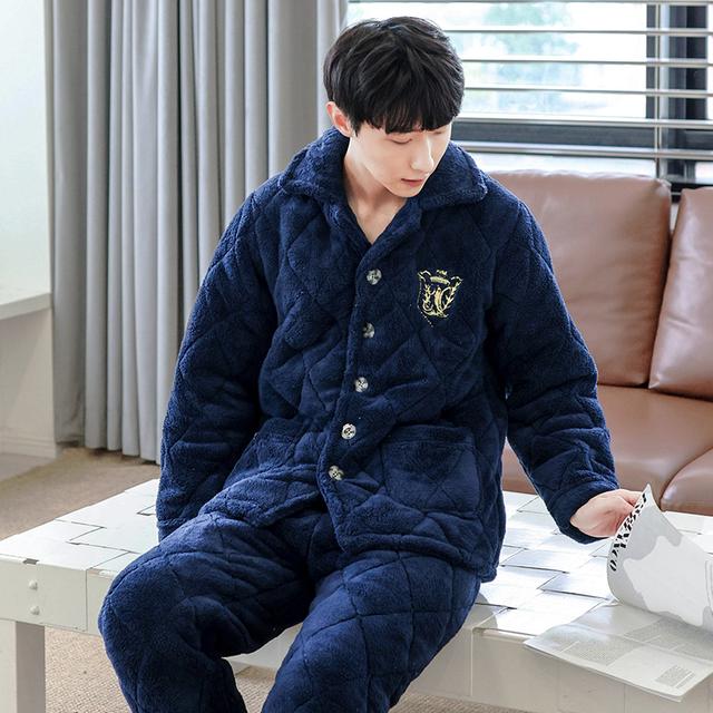 福【0118长绒藏青】男士珊瑚绒睡衣秋冬款季三层加厚夹棉家居服
