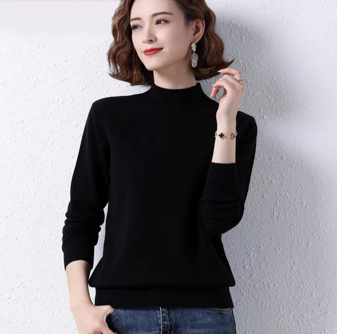 超细精纺纯羊毛超薄女式半高领单层