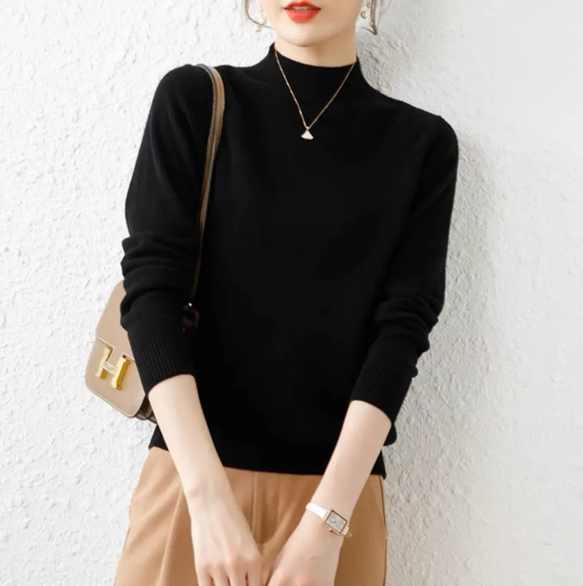 超细精纺纯羊毛加厚女式四平针半高领纯色百搭