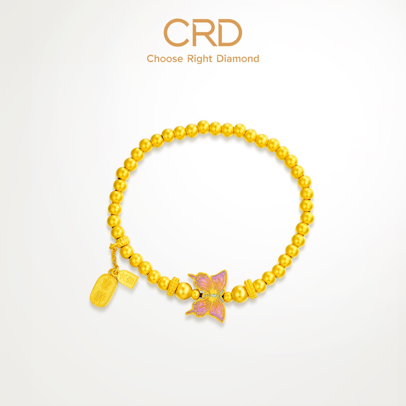 CRD克徕帝黄金手串鎏彩蝴蝶足金999古法圆珠金珠手链女款三金五金