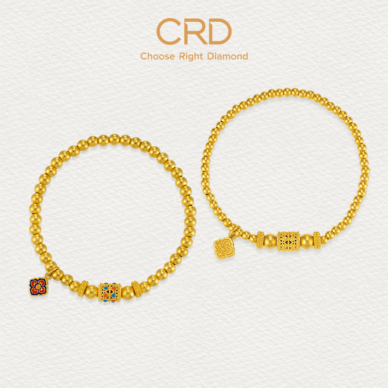 CRD克徕帝四合如意鎏彩足金999转运珠古法幸运四叶草金手链女圆珠