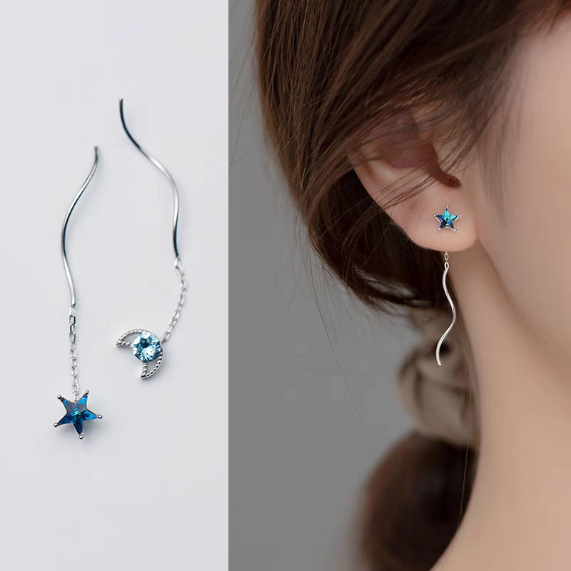 铜合金耳饰 小巧蓝色星月波纹耳线小众简约个性百搭超仙耳饰E1502